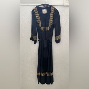 Figue black long dress with gold beaded embroidery with belt size xs